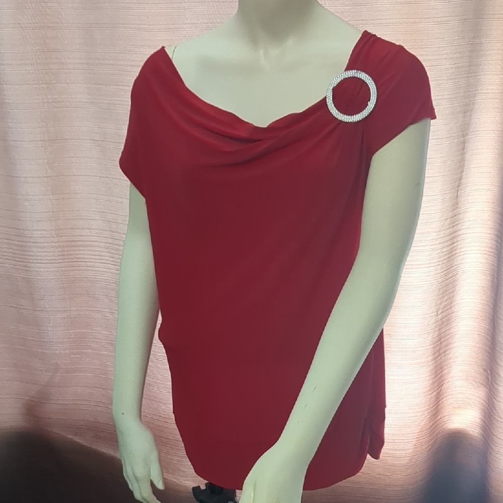 Ava & Grace Petite Red Shimmer Top with Rhinestone Accent